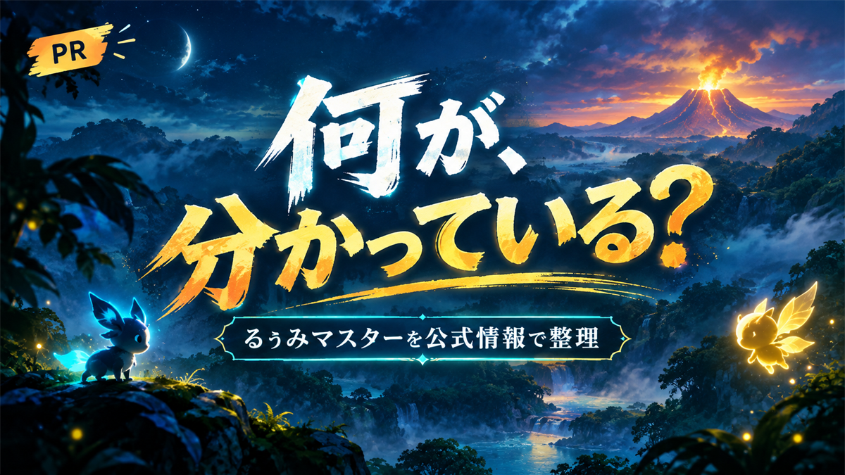 るぅみマスターを公式情報で整理するアイキャッチ（夜の密林と光る生き物のイラスト）