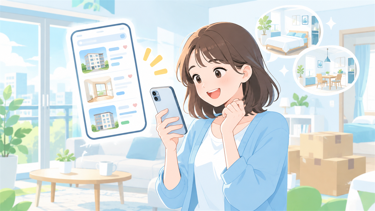 賃貸物件検索アプリで新生活をイメージするイラスト