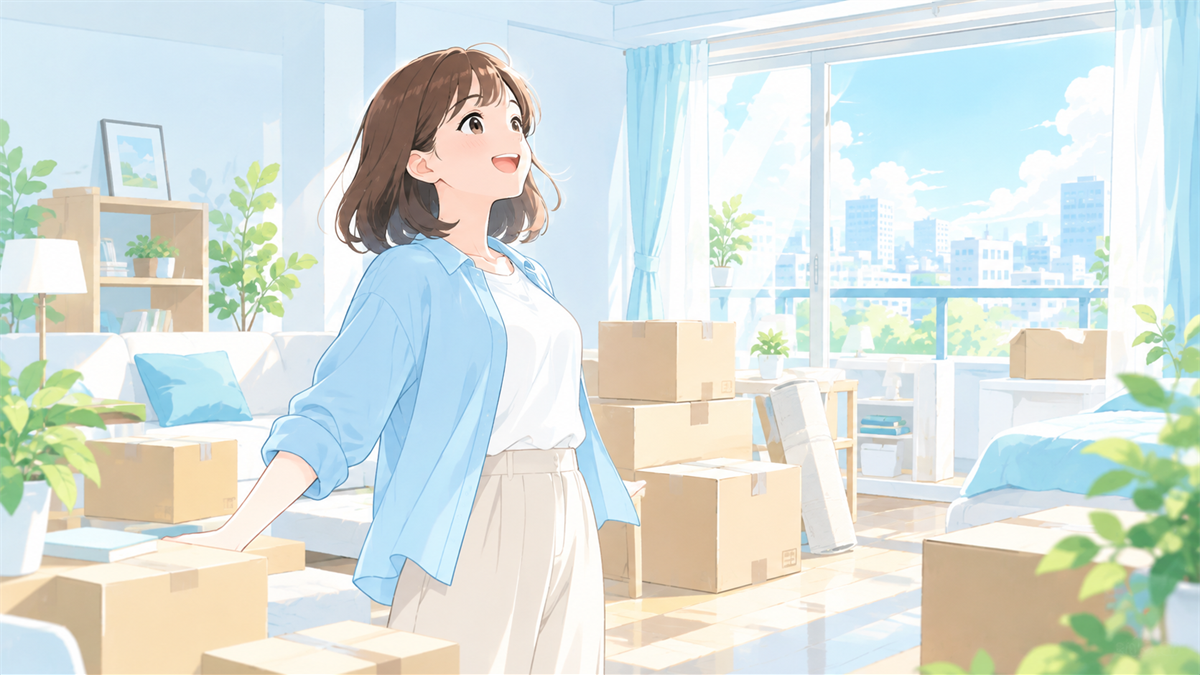 引っ越し完了後の新生活を楽しむイメージイラスト