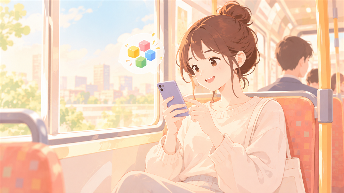 通勤中にリラックスしてパズルゲームを遊ぶイメージイラスト