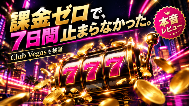 Club Vegas Slots - VIP Casinoのアイキャッチ（映画ポスター風、漆黒×ゴールド×ネオンピンクのオリジナルデザイン）
