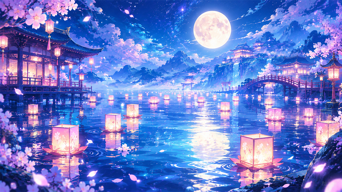 夜の水辺に浮かぶ灯籠と満月のイメージイラスト