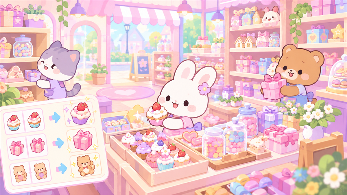 お店をにぎやかに整理するかわいいイメージイラスト