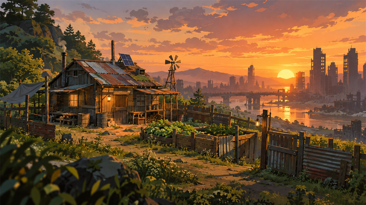 手作りの拠点小屋と夕暮れのイメージイラスト