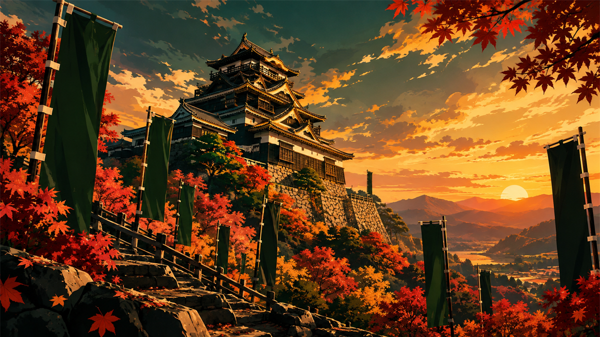 紅葉に囲まれた山城のイメージイラスト