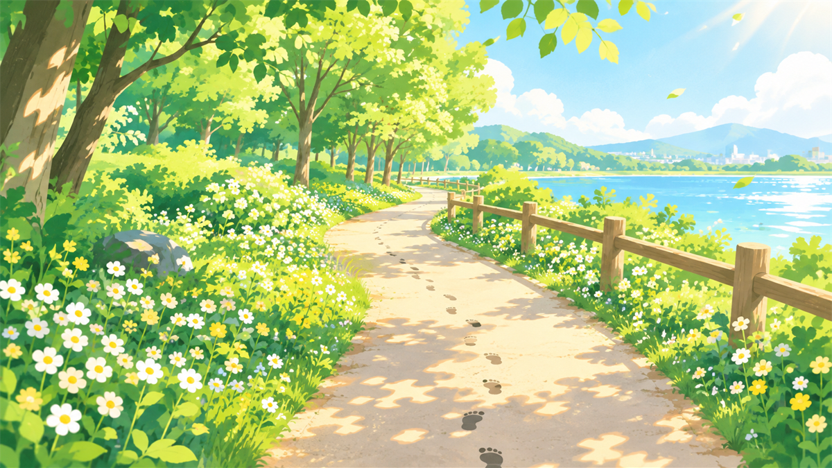 木漏れ日が差し込む散歩道のイメージイラスト