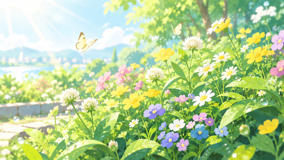 朝露に濡れた花壇と蝶のイメージイラスト