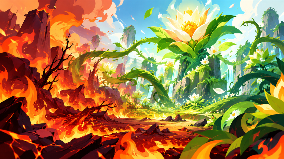 炎と植物が対峙する庭のイメージイラスト