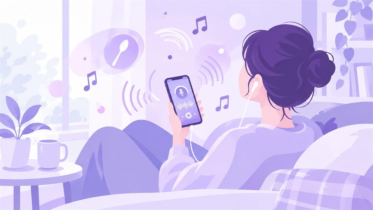 イヤホンで音声配信を聴いてリラックスするイメージイラスト