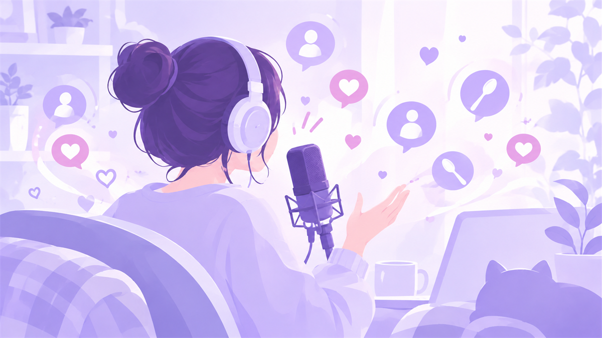 マイクに向かって配信するDJのイメージイラスト